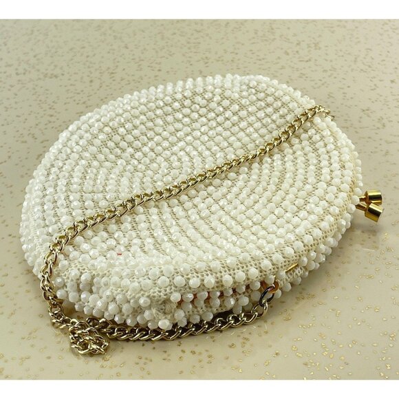 Vintage 50s cream beaded purse, Mid Century clutch, formal event accessory - Picture 4 of 8